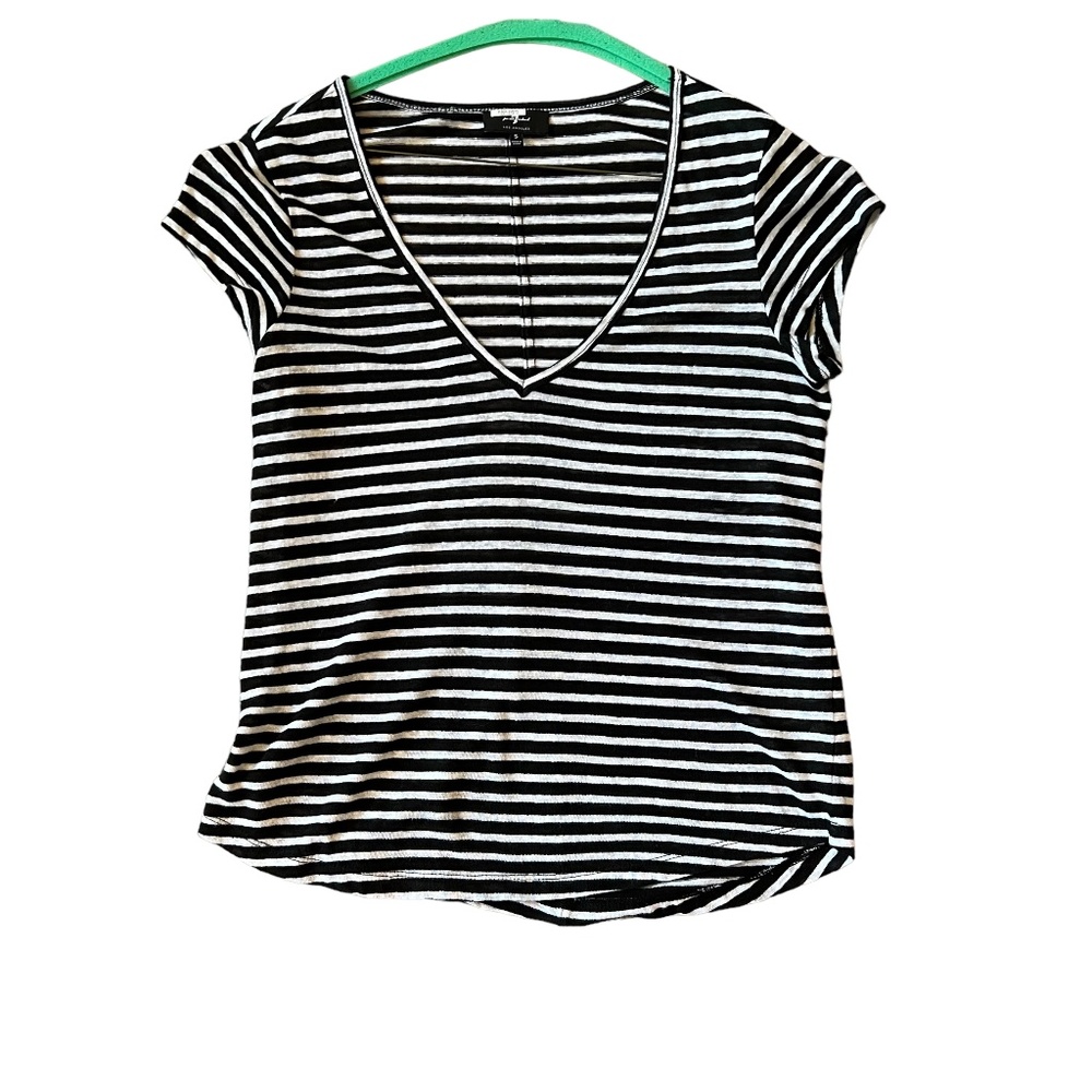 Short Sleeve Striped White & Black 7 For All Mankind V Neck Shirt Womens Size S